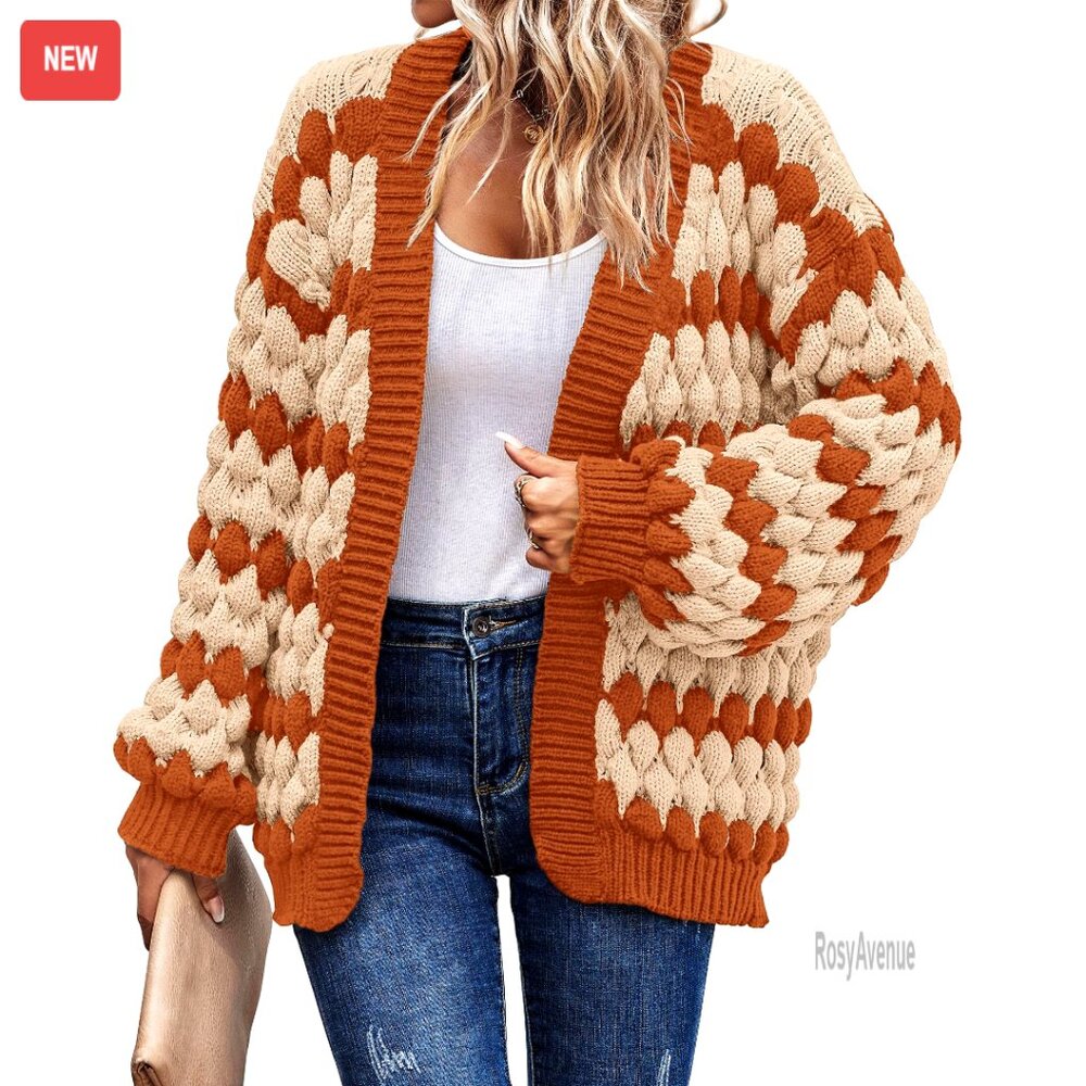 Chunky Knit Cardigan Lantern Sleeve Open Front Cable Knit Sweater Cozy Winter